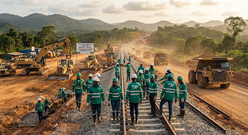 Chantier minier du corridor ferroviaire Bélinga avec engins de terrassement, suivi terrain par les équipes PMO