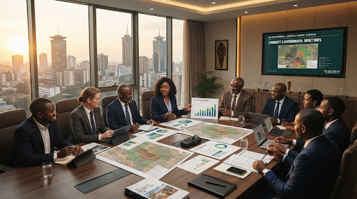 Comité exécutif et auditeurs VISION RSE 360° en session de cadrage stratégique avec cartes d'impact ESG et documents ministériels